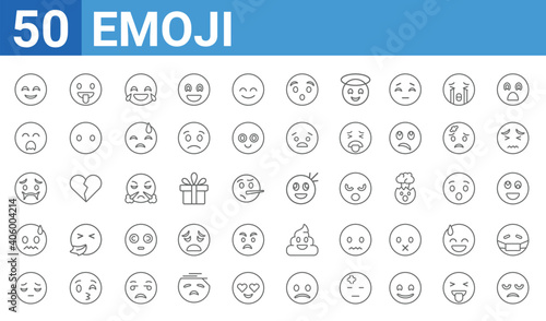 set of 50 emoji web icons. outline thin line icons such as annoyed emoji,blushing emoji,dissapointment emoji,nervous emoji,nauseated emoji,yawning emoji,tongue out emoji,imagine emoji. vector