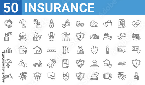 set of 50 insurance web icons. outline thin line icons such as accident,shake hands,towed car,child,drown,insurance advice,savings,vehicle repair. vector illustration