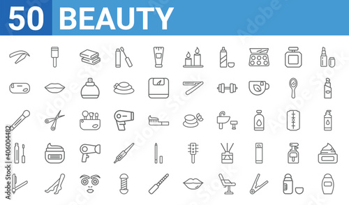 set of 50 beauty web icons. outline thin line icons such as shampoo,eyebrow,flat iron,concealer,blush,little makeup box,inclined hairbrush,massage. vector illustration