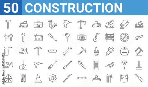 set of 50 construction web icons. outline thin line icons such as retractable trimming knife,brick hammer,joist,crane truck,blowtorch,road construction,bulldozer,hoe. vector illustration