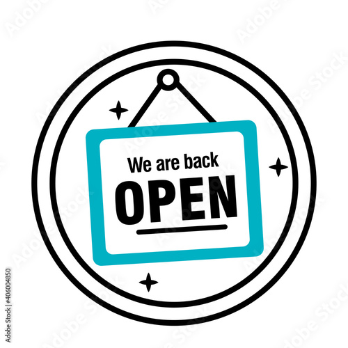 reopening lettering in label hanging sticker half line style icon vector illustration design