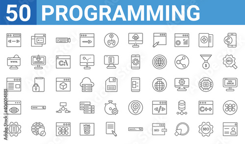 set of 50 programming web icons. outline thin line icons such as web de,script,testing,visibility,web page,seo and web,console,app. vector illustration