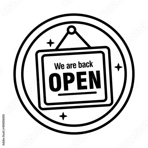 reopening lettering in label hanging sticker line style icon vector illustration design