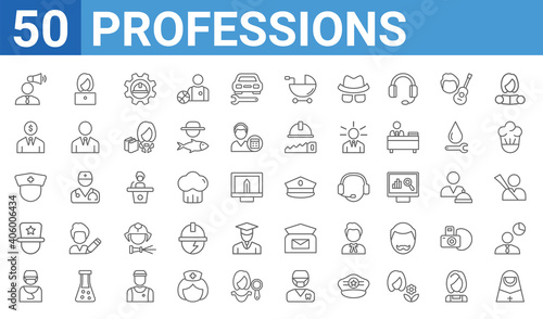 set of 50 professions web icons. outline thin line icons such as nun marketing manager surgeon showman nurse financial manager secretary captain. vector illustration