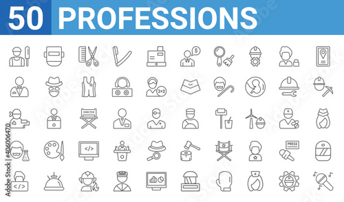 set of 50 professions web icons. outline thin line icons such as singer,cricket player,programmer,scientist,dyer,butler,welder,driver. vector illustration