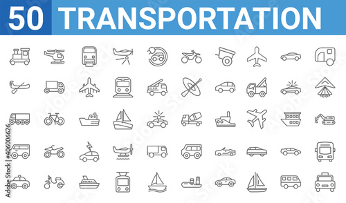 set of 50 transportation web icons. outline thin line icons such as cab,train,taxi,minivan,eighteen-wheeler,gondola,helicopter,cement truck. vector illustration