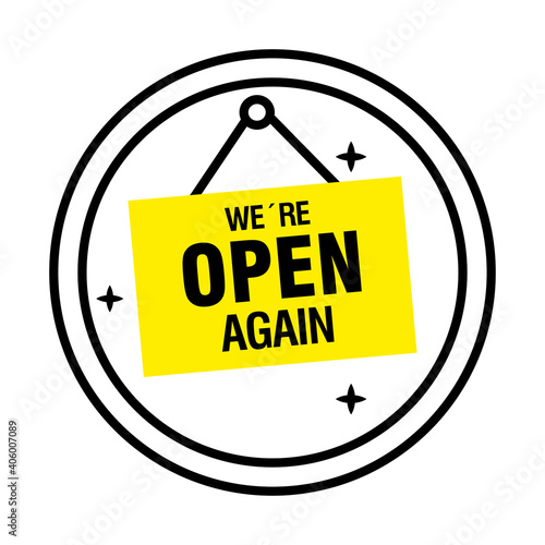 reopening lettering with label hanging in sticker half line style vector illustration design