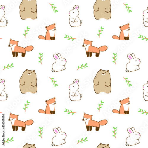 Fototapeta Naklejka Na Ścianę i Meble -  Seamless Pattern with Cartoon Bear, Fox and Rabbit Illustration Design on White Background