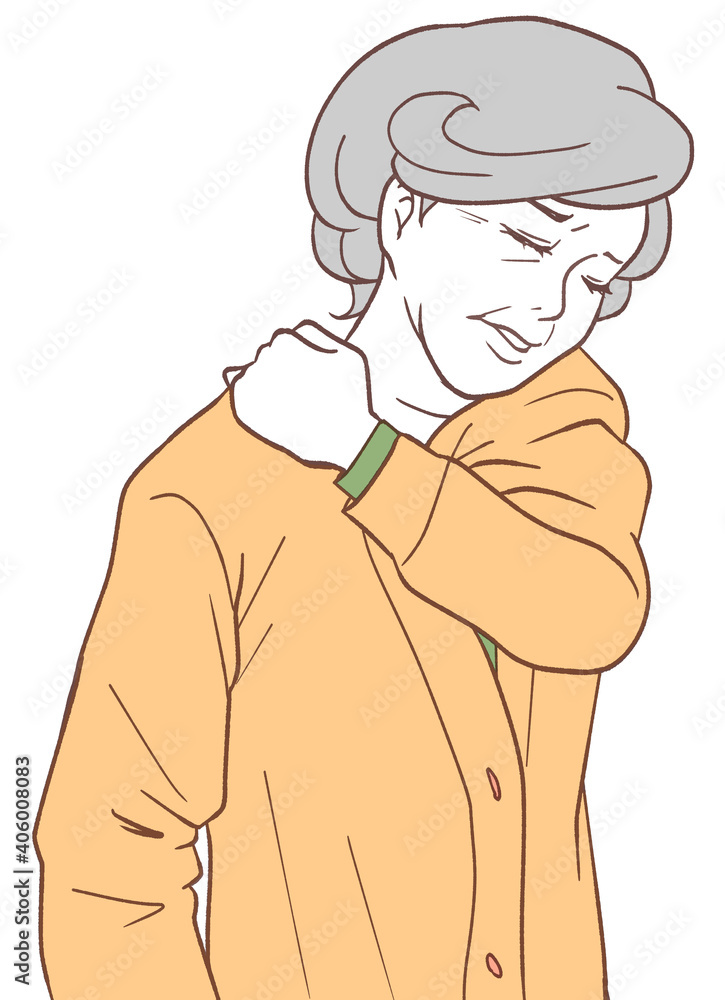 Fototapeta premium 肩こりに悩む高齢者(シンプルカラー)