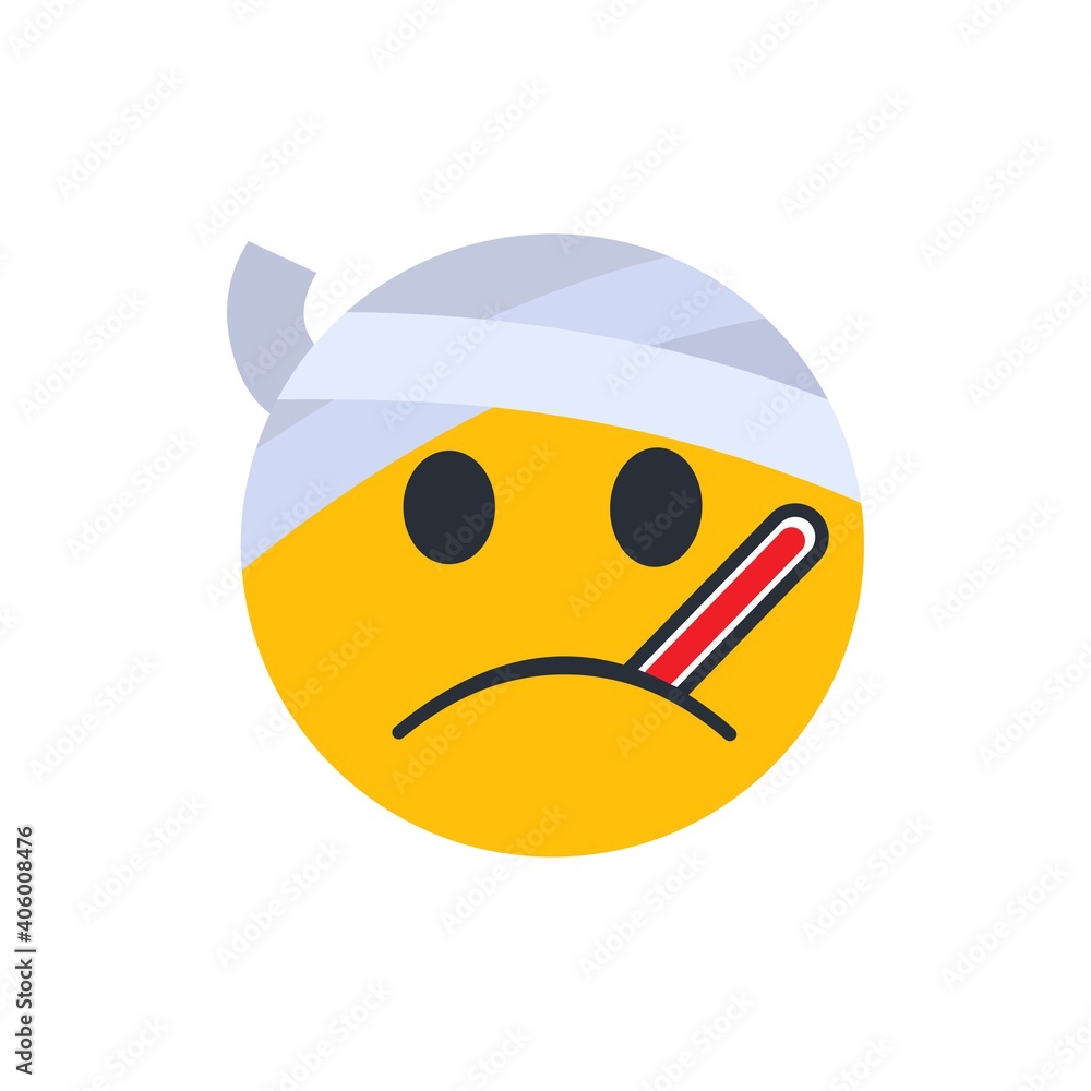 A rewound head with a thermometer in its mouth. Sick emoticon with a thermometer. Vector illustration, flat style, isolated on white background. A rewound head with a thermometer in its mouth. Sick emoticon with a thermometer. Vector illustration, flat style, isolated on white background.