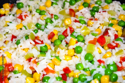 Fresh vegetable mix with rice macro. Healthy food.