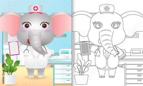 coloring book for kids with a cute elephant nurse character illustration