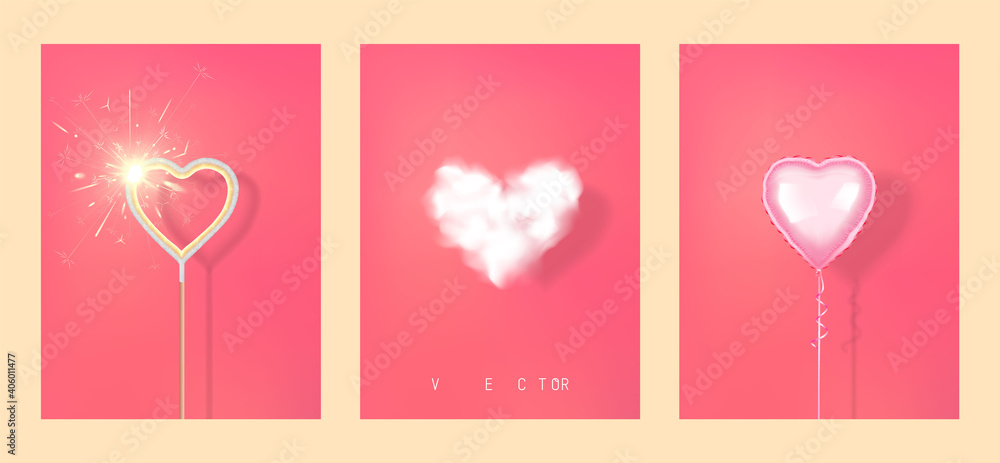 Set of hearts from different materials on a red background Set of hearts from different materials on a red background