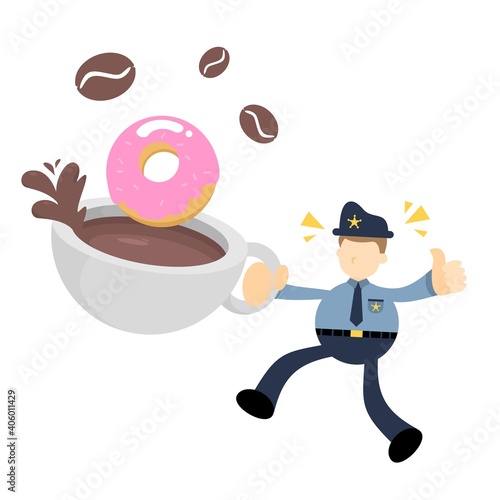 police officer and sweet doughnut drink coffee cup cartoon doodle flat design style vector illustration