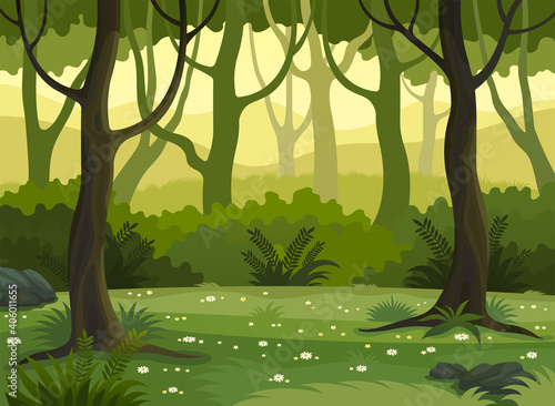 Glade in the forest at summer morning. Summer fantasy forest landscape, vector illustration. 