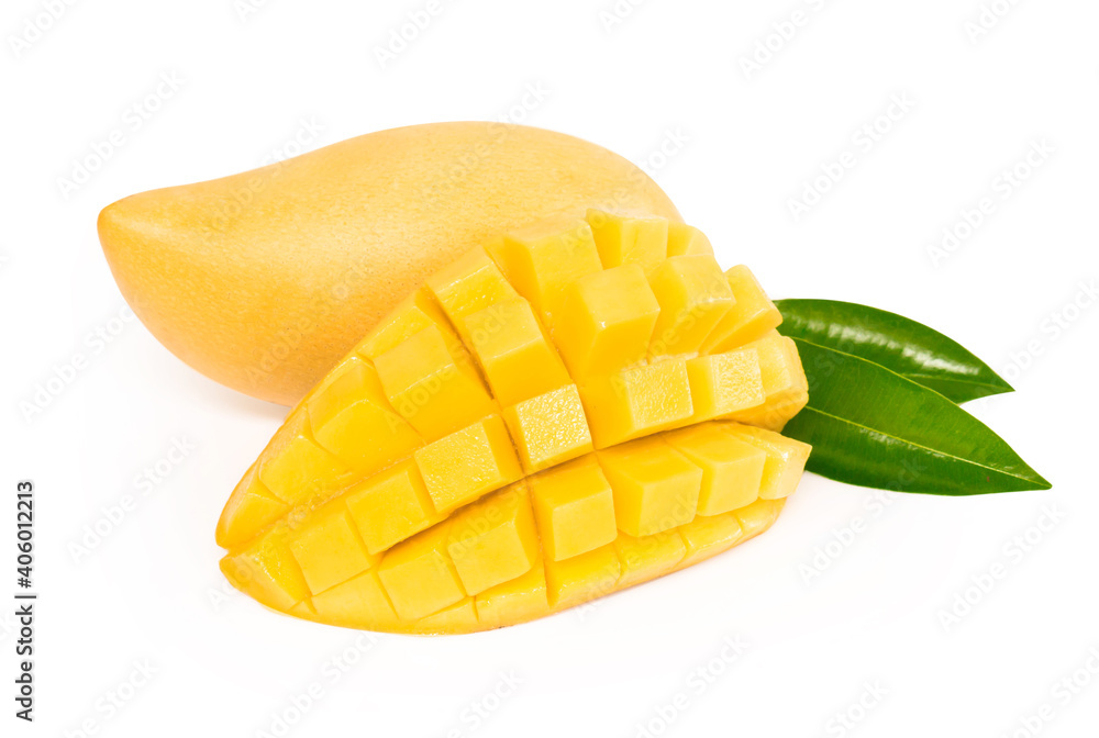 Closeup ripe mango tropical fruit with slice isolated on white background Closeup ripe mango tropical fruit with slice isolated on white background