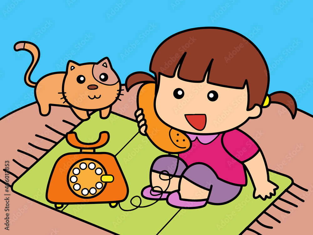 Little girl use telephone to talk near her cat Little girl use telephone to talk near her cat
