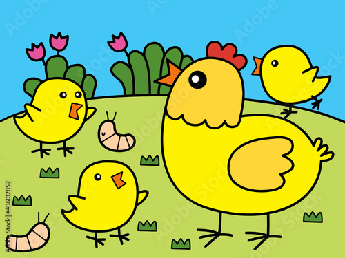 Family of chicken in the garden