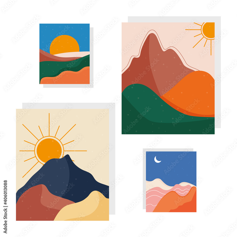 bundle of four abstract landscapes colorful scenes in white background vector illustration design