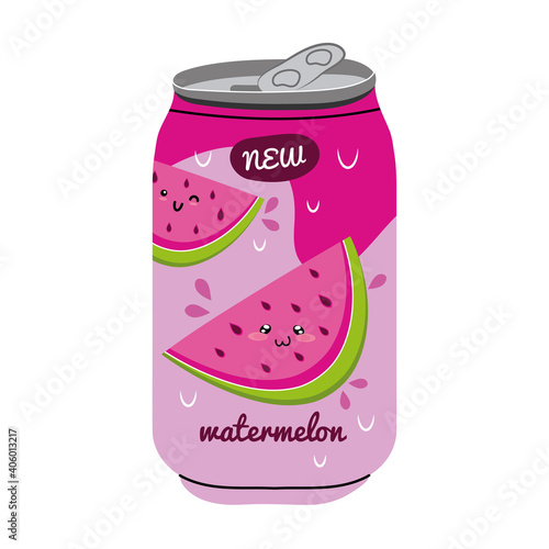 watermelon juice fruit can with kawaii characters vector illustration design