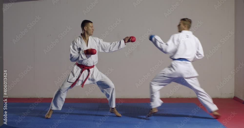 2 karate men training in an indoor gym 2 karate men training in an indoor gym