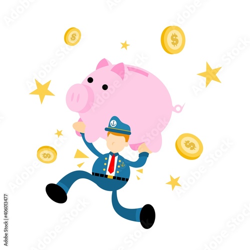 sailor captain navy pick pig bank money dollar economy cartoon doodle flat design style vector illustration