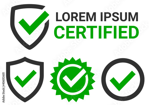 Certification badges. A set of vector icons confirming the high quality of the product. Green check marks in a frame.