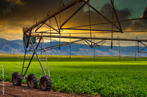 Εκτύπωση καμβά Landscape of western circular sprinkler on a greenfield with a sunset background