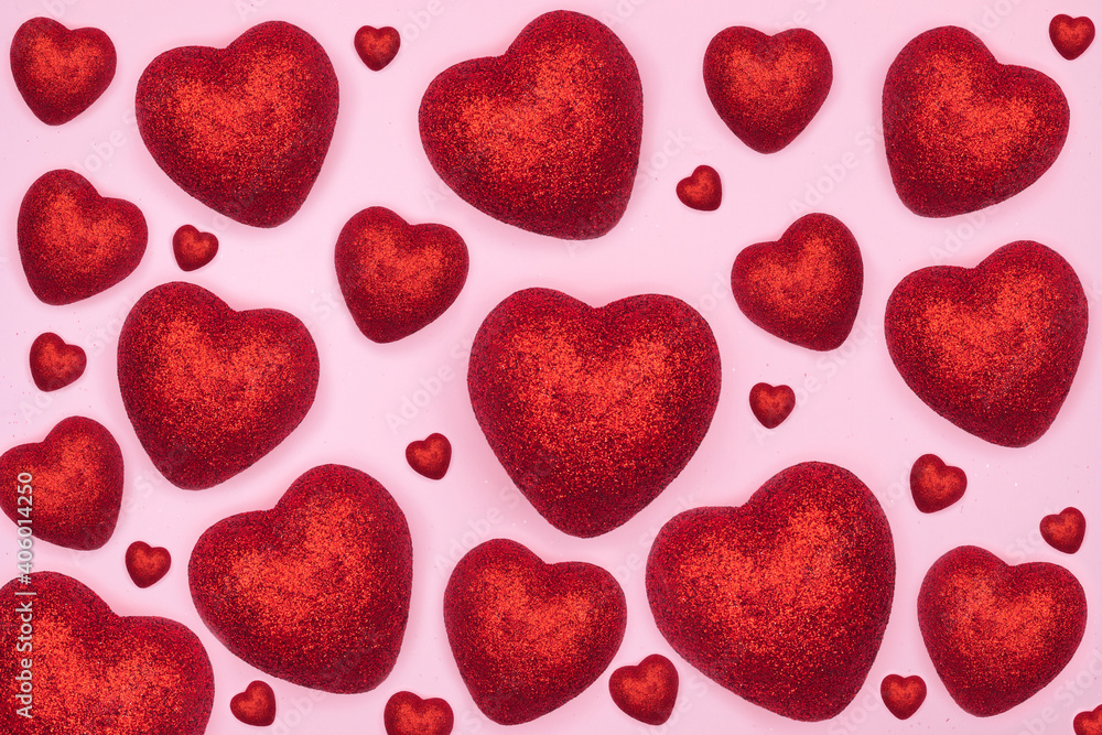3d red glitter hearts on pink background. Cute Valentine's day backdrop. Red and pink cute love background. 3d red glitter hearts on pink background. Cute Valentine's day backdrop. Red and pink cute love background.