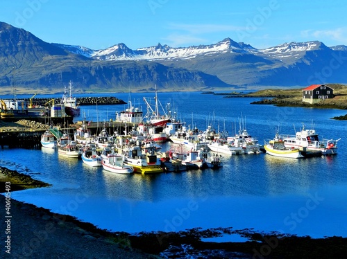 Djupivogur Iceland ships in cruise port bay. Small Icelandic fishing village located in stunning surroundings in the East Fjords of Iceland. 