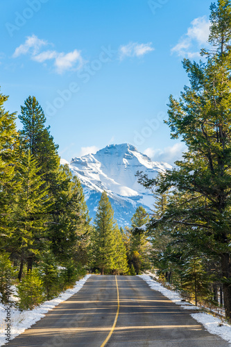 Country road in the forest in a winter sunny day morning. Mount Girouard in the background. Banff National Park, Canadian Rockies, Alberta, Canada. photo