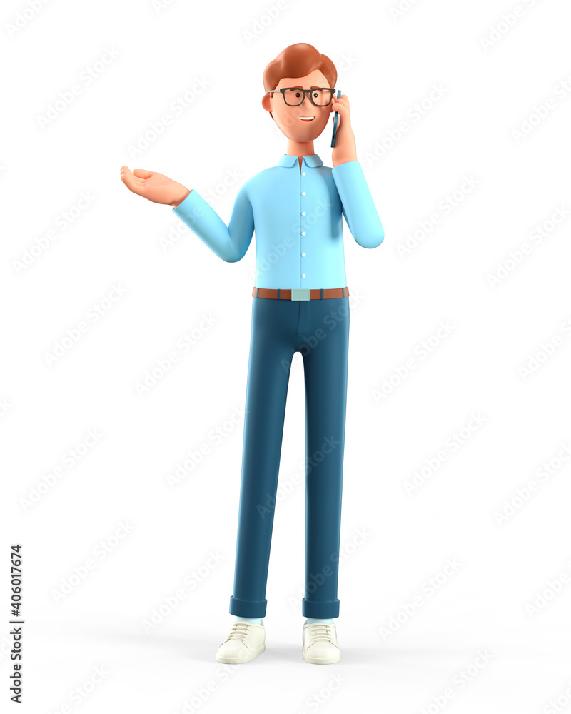 3D illustration of happy man talking on smartphone and gesturing hand. Cute  cartoon smiling businessman on the phone call, isolated on white. Stock  Illustration | Adobe Stock