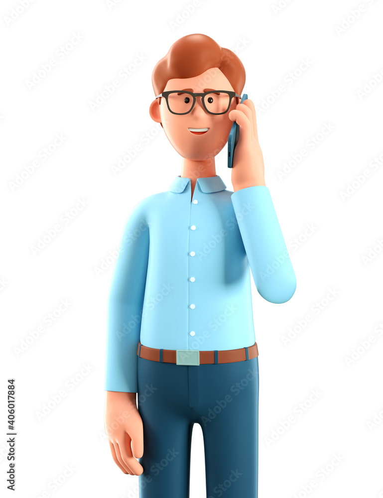 3D illustration of happy man talking on the phone. Close up portrait of cute cartoon smiling businessman using smartphone, isolated on white. 3D illustration of happy man talking on the phone. Close up portrait of cute cartoon smiling businessman using smartphone, isolated on white.