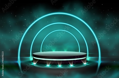 3d realistic vector neon luminous black stage with spot lights around and clouds effect. Presentation sparkly neon background.