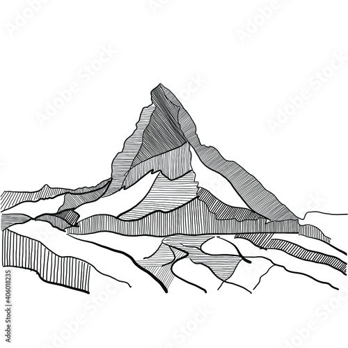 Black and white silhouette of the famous mountain Cervino, part of the Italian and Swiss Alps. Handmade drawing of the main summit at 4,478 meters