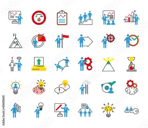 bundle of business people coaching and thirty half line style icons vector illustration design