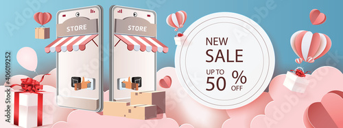 paper art shopping online on smartphone and new buy sale promotion pink backgroud for banner market ecommerce.