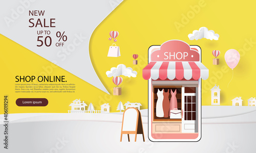 Fototapeta Naklejka Na Ścianę i Meble -  paper art shopping online on smartphone and new buy sale promotion pink backgroud for banner market ecommerce.
