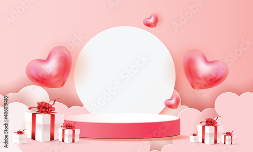 3d podium red product background for valentine.pink and heart love romance concept design vector illustation decoration banner 