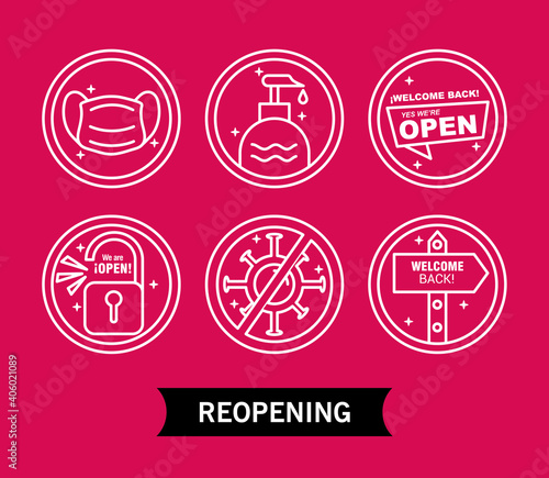 bundle of six reopening labels set line style icons and lettering vector illustration design