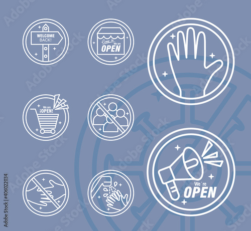 bundle of eight reopening labels stickers set line style icons vector illustration design