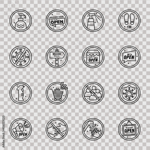 bundle of sixteen reopening labels stickers set line style icons vector illustration design