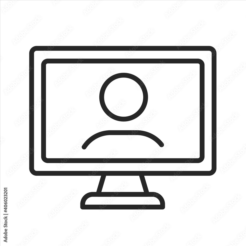 Video call icon. Video chatting on computer PC monitor screen outline icon. Editable stroke. Vector illustration symbol, logo illustration for UI, UX, web. Online webinar. Virtual teleconference Video call icon. Video chatting on computer PC monitor screen outline icon. Editable stroke. Vector illustration symbol, logo illustration for UI, UX, web. Online webinar. Virtual teleconference