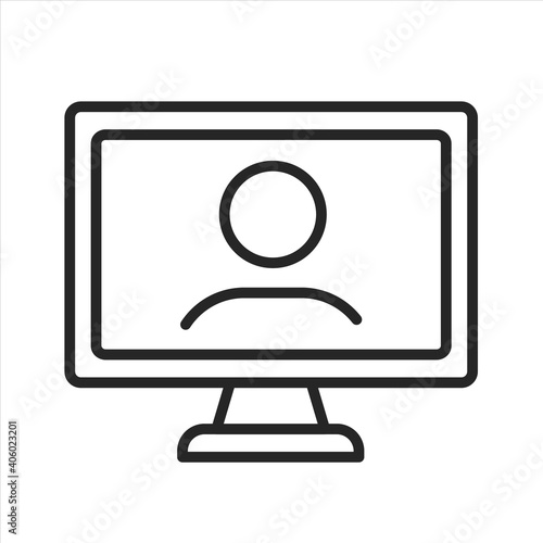 Video call icon. Video chatting on computer PC monitor screen outline icon. Editable stroke. Vector illustration symbol, logo illustration for UI, UX, web. Online webinar. Virtual teleconference