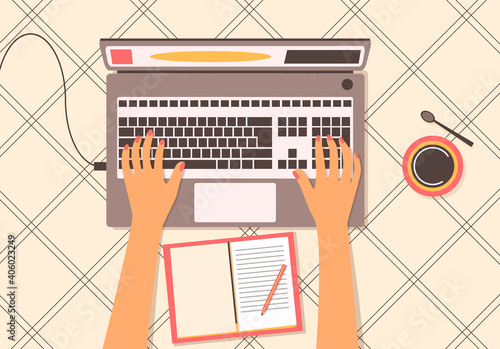Female hands on the keyboard top view. A female freelancer works remotely. The girl makes notes in a notebook is trained on a laptop online. vector illustration in the style of flat. concept