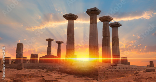 Ruins of ancient city of Assos with Athena temple at sunset - Canakkale, Turkey