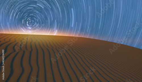 Long exposure of Star trails in the desert of sand dune