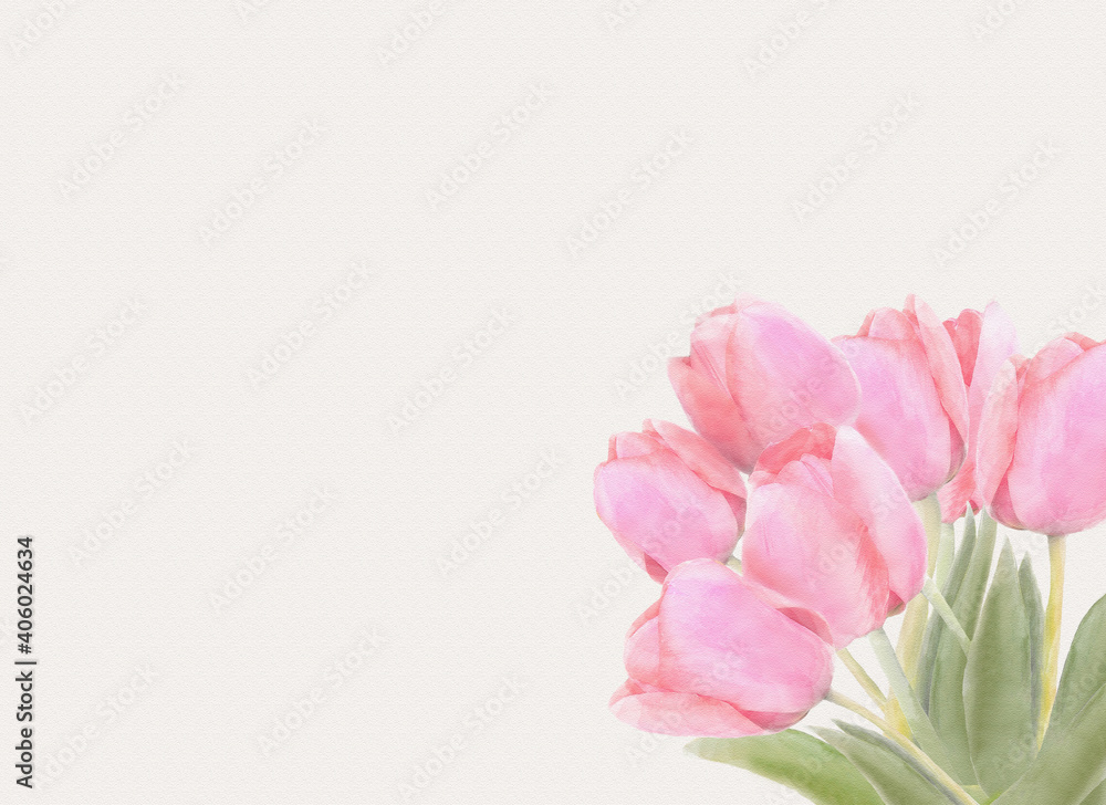 Watercolor hand drawn floral background for wedding, spring holidays, fabric, Valentine Day. Pink flowers tulips bouquet, light vintage design for print invitation, card, wrapping paper.