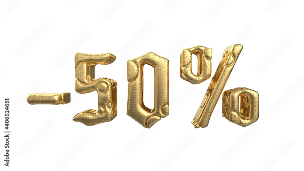 The sign -50off. Made of gold metal and white silver parts isolate on white background. Sale and advertising conceptual 3d illustration The sign -50off. Made of gold metal and white silver parts isolate on white background. Sale and advertising conceptual 3d illustration