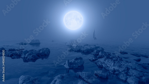 Lone yacht with blue full moon  Elements of this image furnished by NASA  